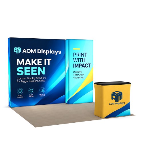 10x10 Backlit Tension Fabric Trade Show Booth with Wide and Narrow Backlit Walls with Case Podium