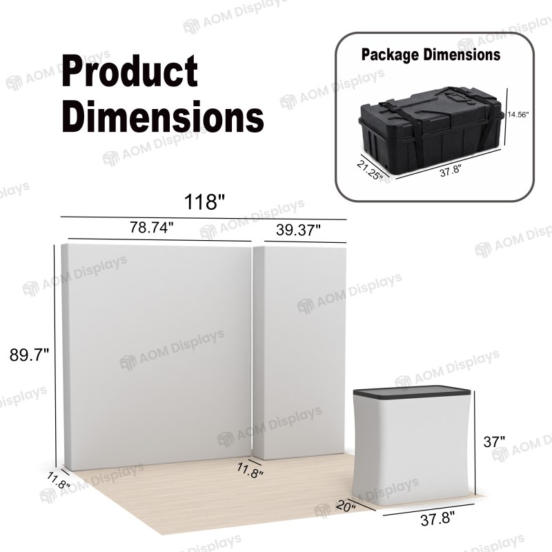 10x10 Backlit Tension Fabric Trade Show Booth with Wide and Narrow Backlit Walls with Case Podium