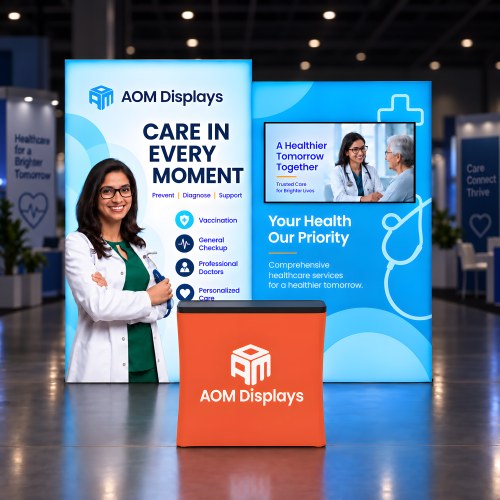 10x10 Backlit Tension Fabric Trade Show Booth with Dual-Height Rectangular Walls and TV Mount