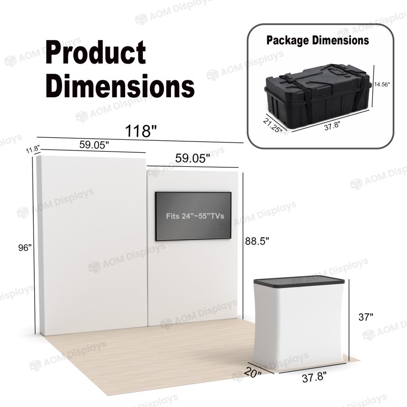 10x10 Backlit Tension Fabric Trade Show Booth with Dual-Height Rectangular Walls and TV Mount