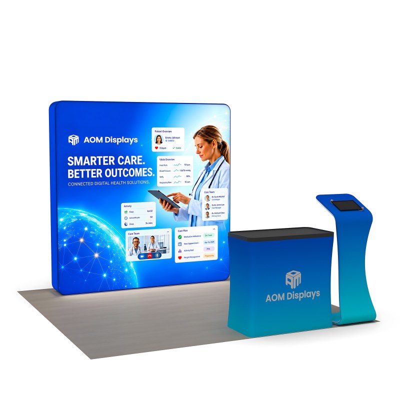 8x8 Backlit Tension Fabric Trade Show Booth with Rounded-Corner Wall and Tablet Stand