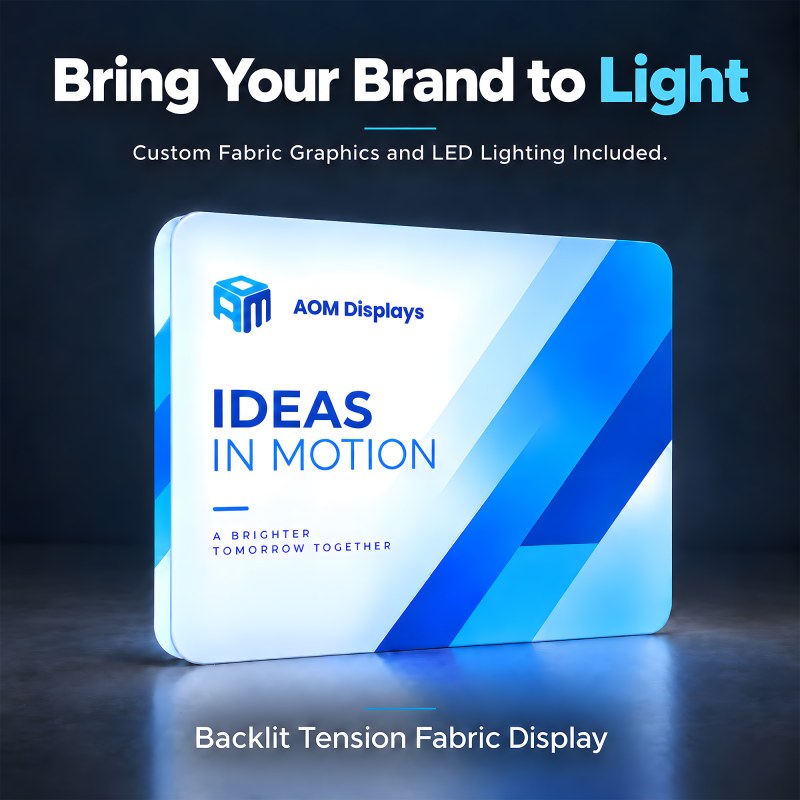 8x8 Backlit Tension Fabric Trade Show Booth with Rounded-Corner Wall and Tablet Stand