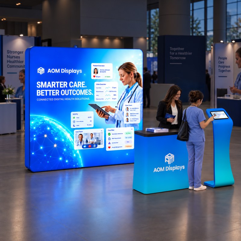 8x8 Backlit Tension Fabric Trade Show Booth with Rounded-Corner Wall and Tablet Stand