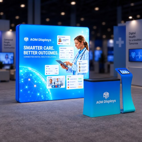 8x8 Backlit Tension Fabric Trade Show Booth with Rounded-Corner Wall and Tablet Stand