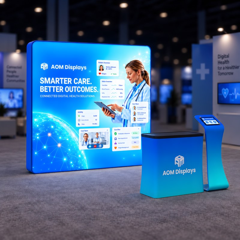 8x8 Backlit Tension Fabric Trade Show Booth with Rounded-Corner Wall and Tablet Stand