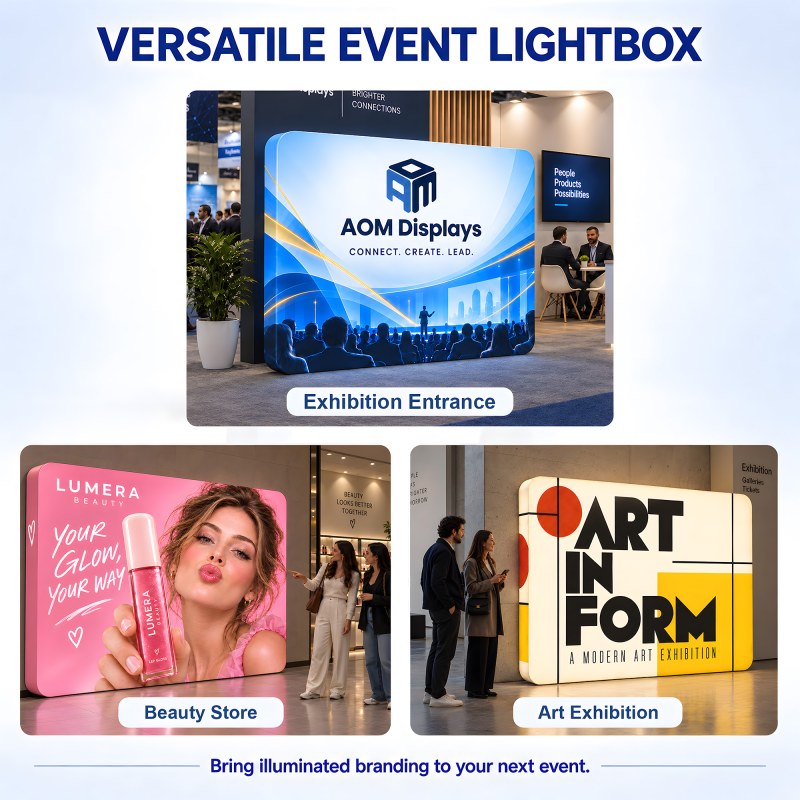 8x8 Backlit Tension Fabric Trade Show Booth with Rounded-Corner Wall and Tablet Stand