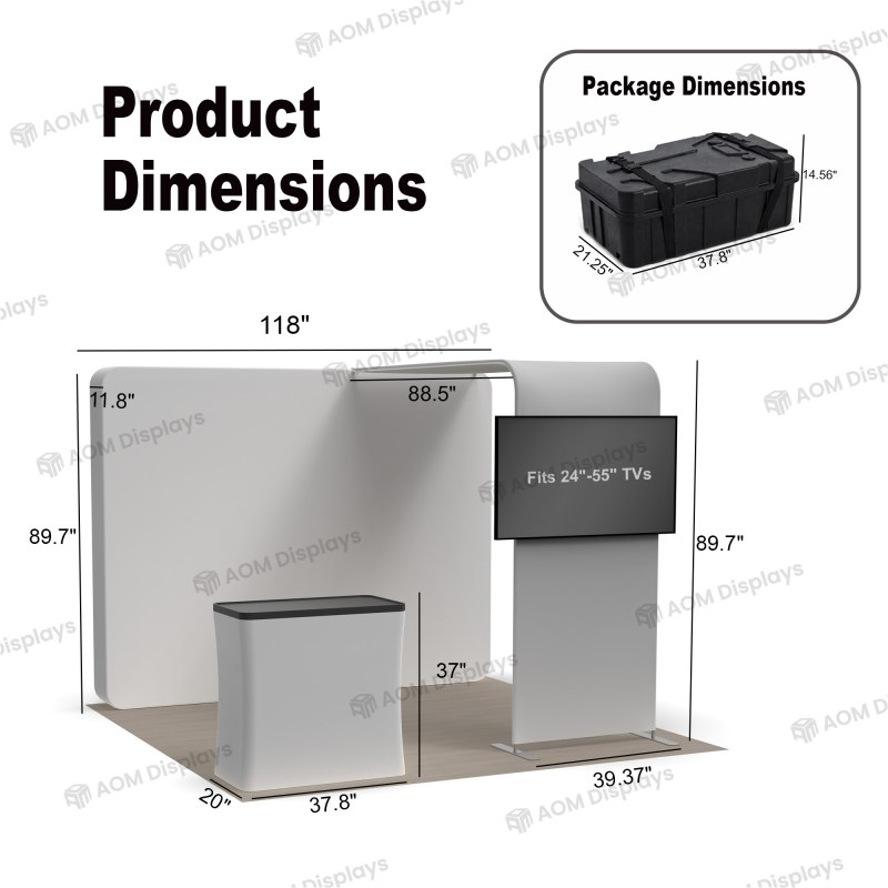 10x10 Backlit Trade Show Booth with L-Shaped TV Mount and Podium Counter