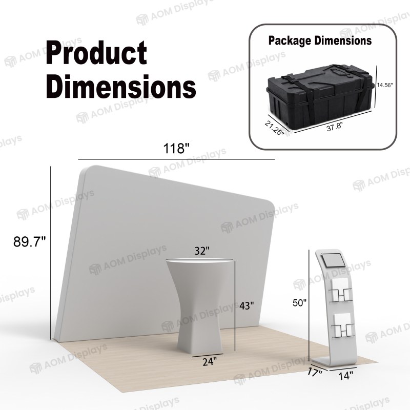 10x10 Backlit Tension Fabric Trade Show Booth with Angled Wall and Cocktail Table
