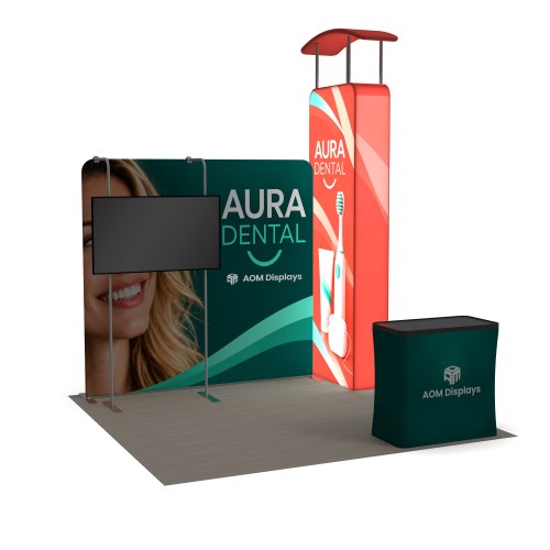10x10 Backlit Trade Show Booth with Backlit Tower, TV Mount and Podium Counter