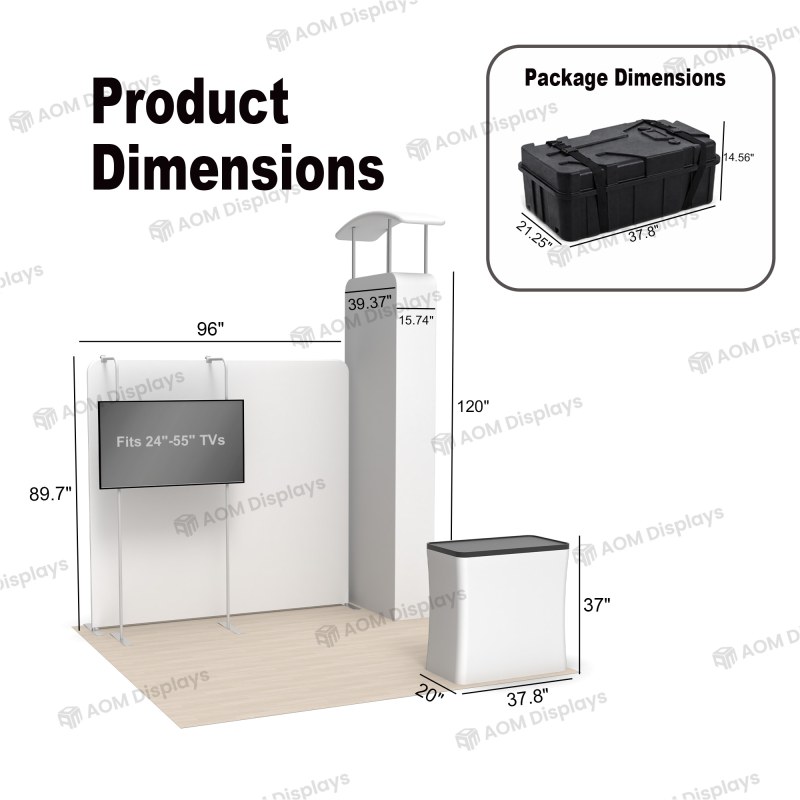 10x10 Backlit Trade Show Booth with Backlit Tower, TV Mount and Podium Counter