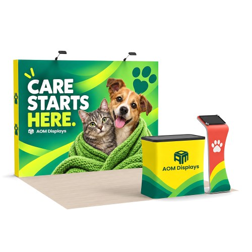10x10 FlexPop™ Trade Show Booth with Straight Wall, Tablet Stand and Case Podium