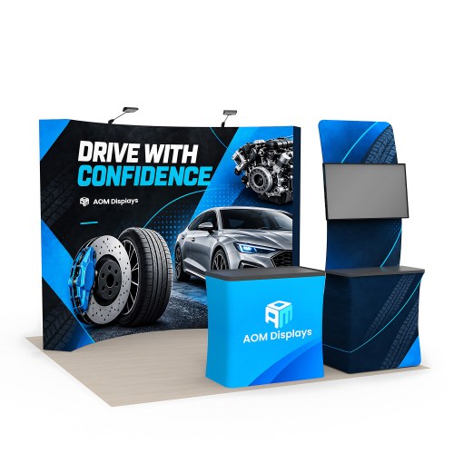 10x10 FlexPop™ Trade Show Booth with Curved Wall and Monitor Display Table
