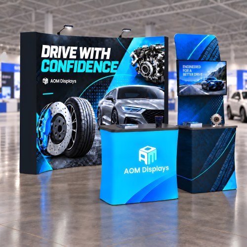 10x10 FlexPop™ Trade Show Booth with Curved Wall and Monitor Display Table