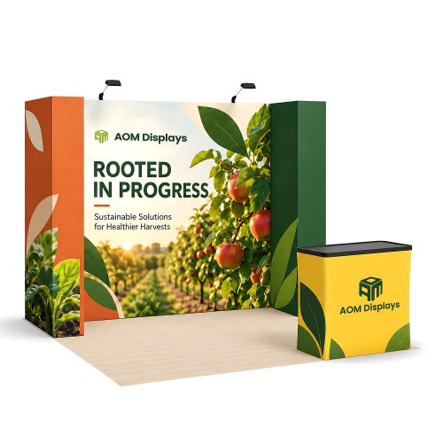 10x10 FlexPop™ Trade Show Booth with Three-Sided Walls and Case Podium