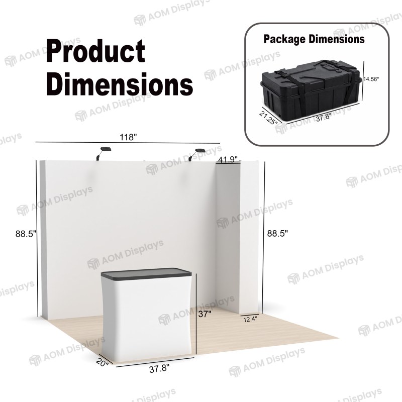 10x10 FlexPop™ Trade Show Booth with L-Shaped Walls and Case Podium