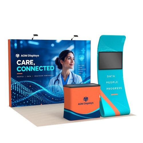 10x10 FlexPop™ Trade Show Booth with Straight Wall and S-Shaped Monitor Stand
