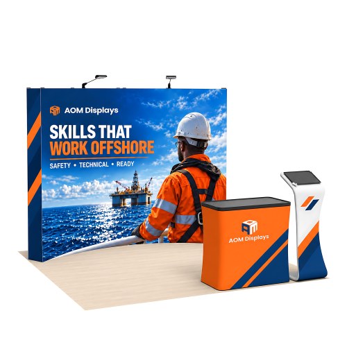 10x10 FlexPop™ Trade Show Booth with Curved Wall, Tablet Stand and Case Podium