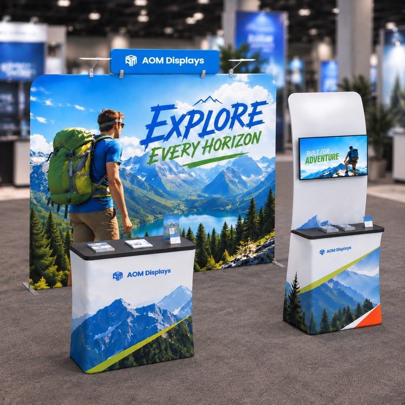 10x10 FlexZip™ Trade Show Booth with Straight Wall, Monitor Table and Header