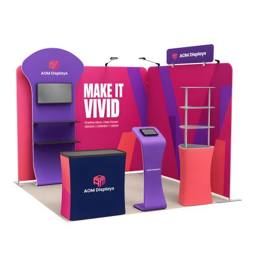 10x10 Modular FlexZip™ Trade Show Booth with Display Tower and Media Stands