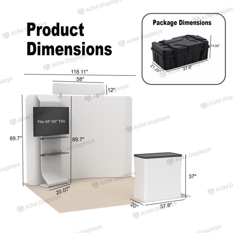 10x10 Curved FlexZip™ Media Trade Show Booth with TV Mount and 2-Tier Shelving