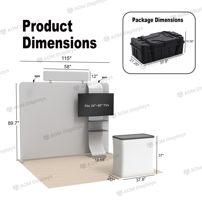 10x10 Straight FlexZip™ Trade Show Booth with 2-Tier TV-Mount Shelving