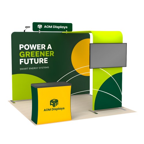 10x10 Straight FlexZip™ Trade Show Booth with L-Shaped Display, TV Mount and Header