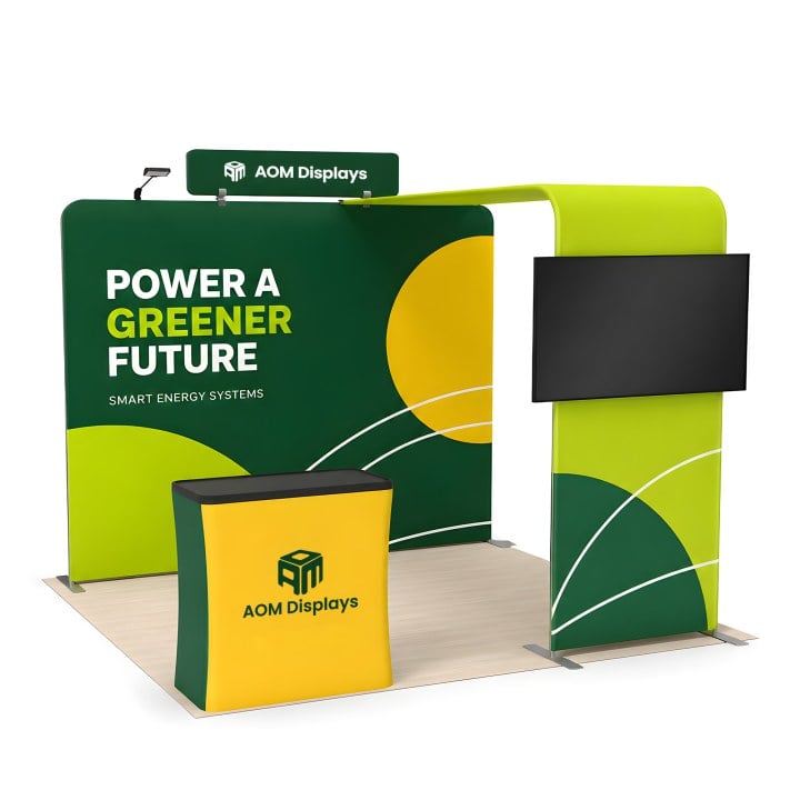 10x10 Straight FlexZip™ Trade Show Booth with L-Shaped Display, TV Mount and Header