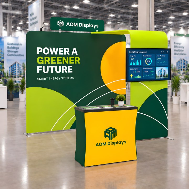 10x10 Straight FlexZip™ Trade Show Booth with L-Shaped Display, TV Mount and Header
