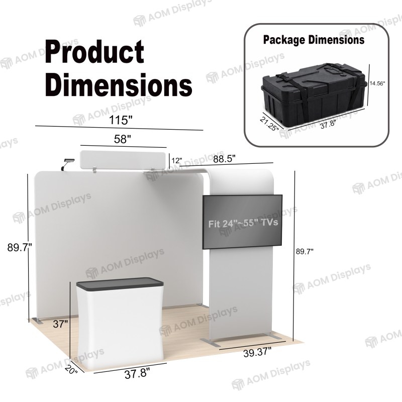 10x10 Straight FlexZip™ Trade Show Booth with L-Shaped Display, TV Mount and Header