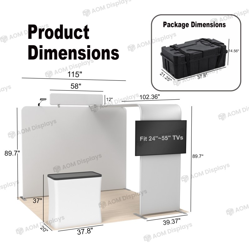 10x10 Straight FlexZip™ Trade Show Booth with L-Shaped Display, TV Mount and Header