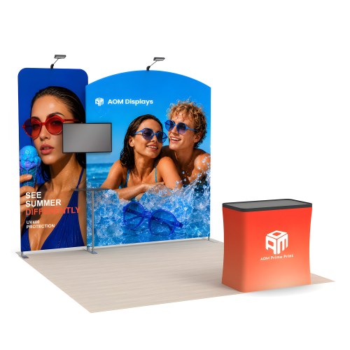 10x10 Modular FlexZip™ Media Trade Show Booth with TV Mount and Arch-Top Panel