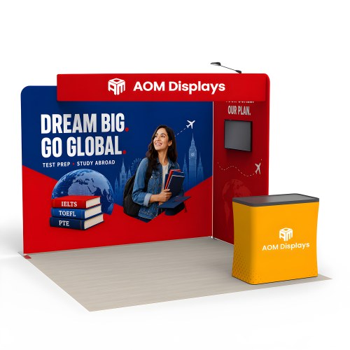 10x10 FlexZip™ Media Trade Show Booth with TV Mount and Header