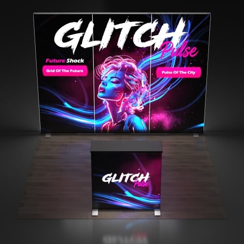 Example 10x10 SEG folding lightbox booth layout with back wall and counter