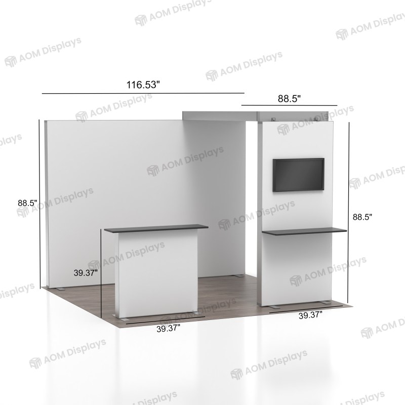 10x10 ProFrame™ SEG Lightbox Trade Show Booth with TV Mount and Display Shelf