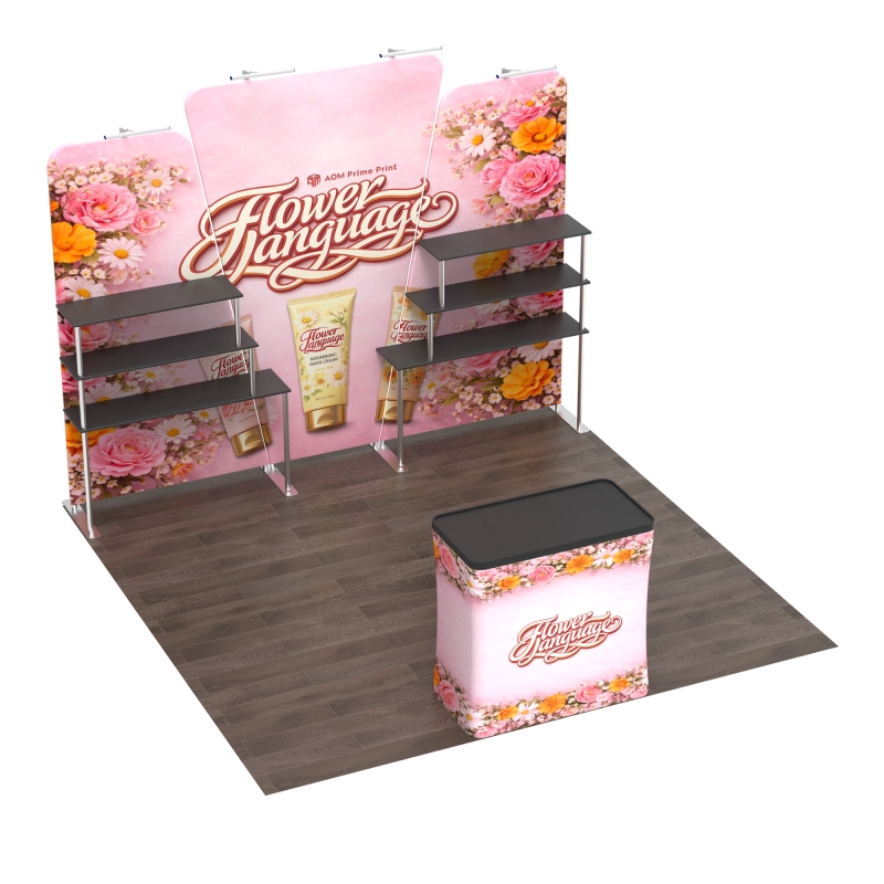 Row Inline Booth Layout Custom 10ft Trade Show Booth with Trapezoid Backdrop and Shelves | AOM ...