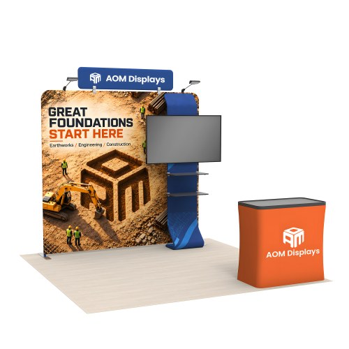 8x8 FlexZip™ Media Trade Show Booth with TV Mount and Display Shelves