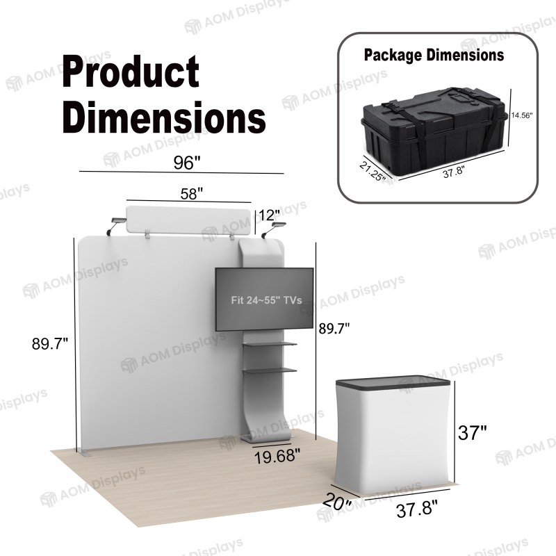 8x8 FlexZip™ Media Trade Show Booth with TV Mount and Display Shelves