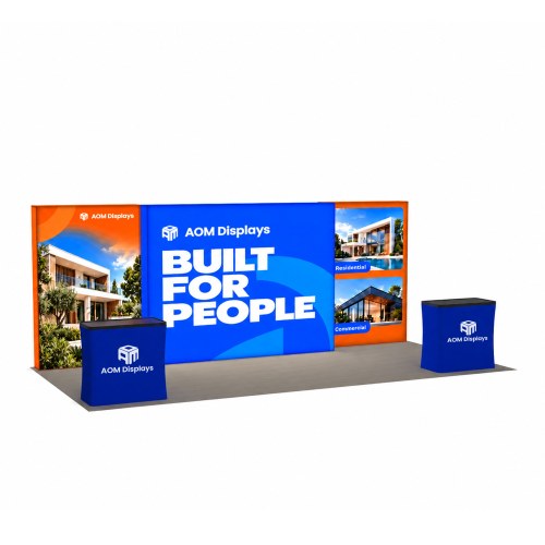 10x20 Backlit Trade Show Booth with Three Fabric Displays and Two Counters