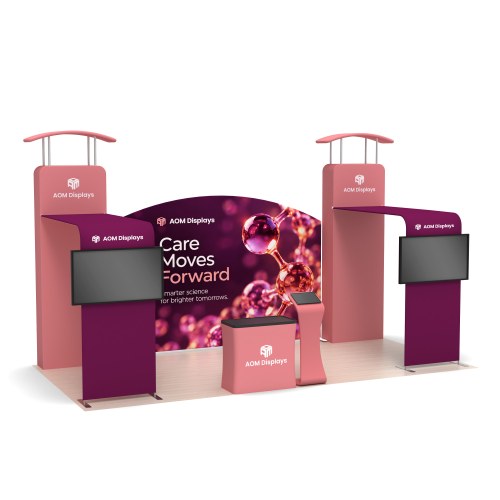 10x20 Trade Show Booth with Canopy-Topped Backlit Towers and TV Mounts