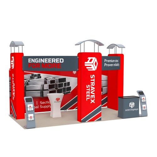 10x20 Trade Show Booth with Curved Header and Backlit Tower Displays