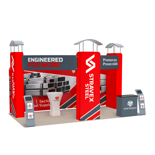 10x20 Trade Show Booth with Curved Header and Backlit Tower Displays