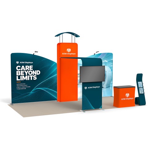 10x20 Trade Show Booth with Canopy-Topped Tower and Half-Arch TV Display