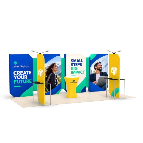 10x20 Backlit Trade Show Booth with Shaped Lightboxes and Display Shelves