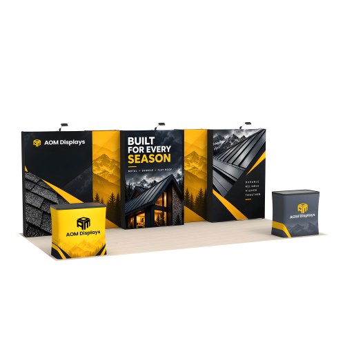 10x20 FlexPop™ Trade Show Booth with 5-Panel Backwall and Dual Counters