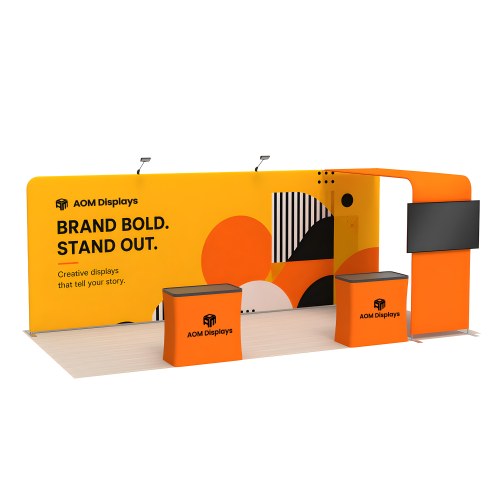 10x20 Straight FlexZip™ Trade Show Booth with L-Shaped Display and TV Mount