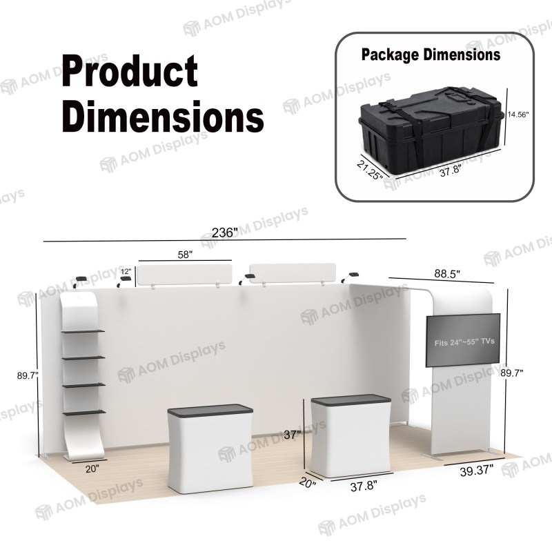 10x20 Straight FlexZip™ Media Trade Show Booth with 4-Tier Shelving and TV Mount