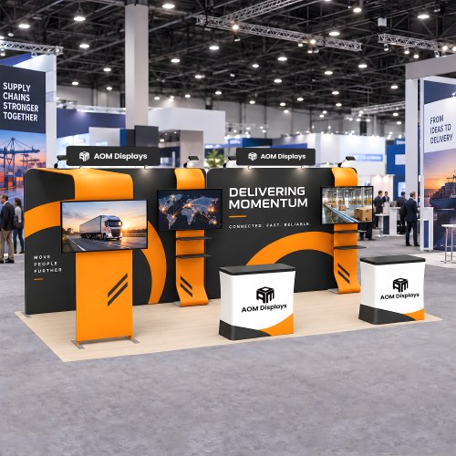 10x20 FlexZip™ Media Trade Show Booth with TV Mounts and Shelving