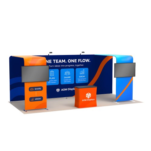 10x20 Straight FlexZip™ Trade Show Booth with Two L-Shaped Displays and TV Mounts