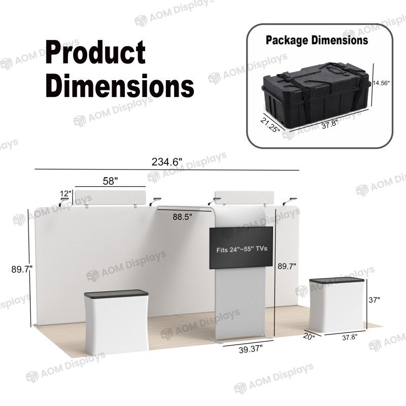 10x20 Straight FlexZip™ Trade Show Booth with L-Shaped Display, TV Mount and Two Headers