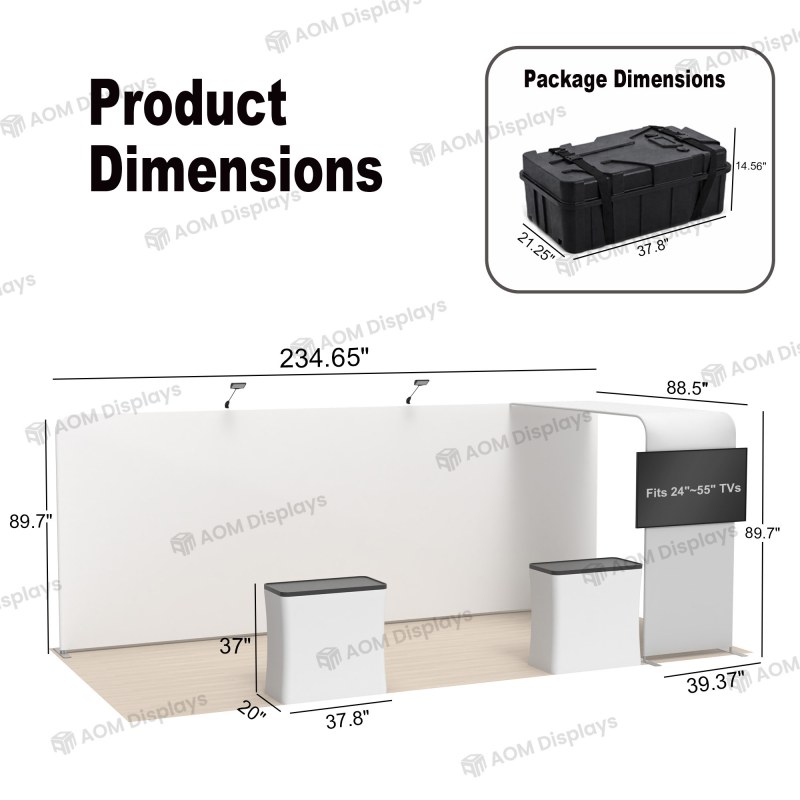 10x20 Straight FlexZip™ Trade Show Booth with L-Shaped Display and TV Mount